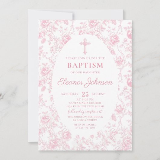 Toile Pink Bow Taufe Girl Einladung (Vorderseite)