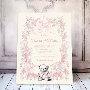 Toile Pink Floral Teddy Bären Carriage Baby Dusche Einladung