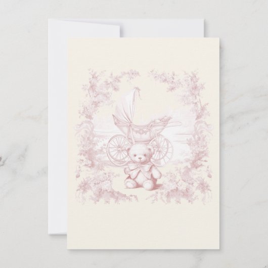 Toile Pink Floral Teddy Bären Carriage Baby Dusche Einladung (Rückseite)