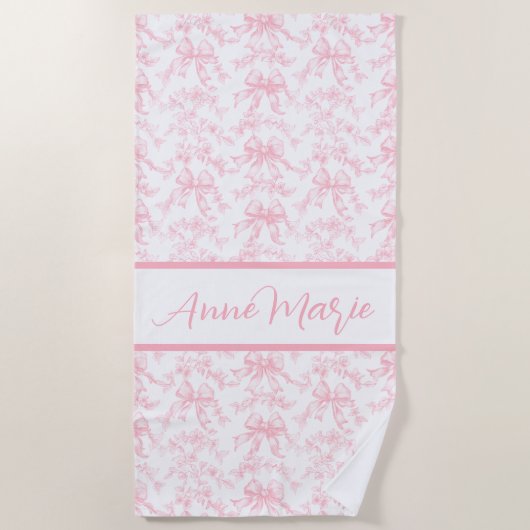 Toile Pink und White Coquette Bow Wedding Party Strandtuch (Vorderseite)