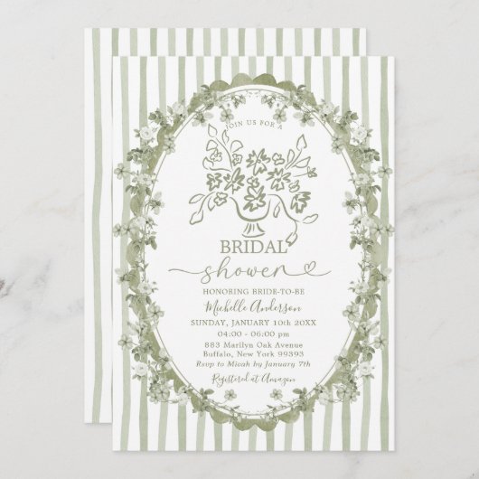 Toile Sage Floral Bouquet Bow Brautparty Einladung (Vorne/Hinten)