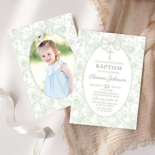 Toile Sage Green Bow Taufe Foto Einladung