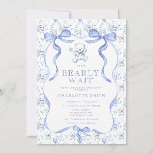 Toile Teddy Bear Babydusche Einladung (Vorderseite)