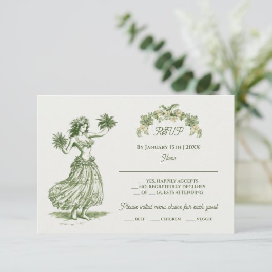Toile Tropical Hawaiian Island Wedding RSVP Einladung (Stehend Vorderseite)