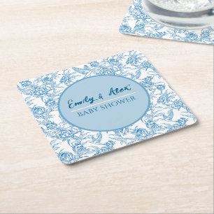 Toile Vogel und Blumen Custom Name Baby Shower Ich Rechteckiger Pappuntersetzer