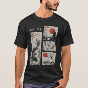 Tokio Japan Koi Fisch Kranich Bambus Rote Sonne As T-Shirt