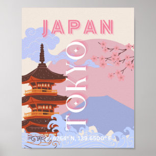 Tokio Japan Reisen Kunst, Retro Reisen Kunst, Rosa Poster