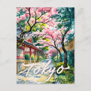 Tokio Kirschblüten Aquarell Traditionelles Japan Postkarte