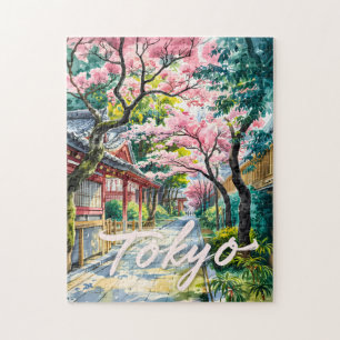 Tokio Kirschblüten Aquarell Traditionelles Japan  Puzzle