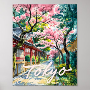 Tokio Kirschblüten Wasserfarbe Traditionelles Japa Poster