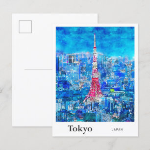 Tokio-Turm Japan Reise Aquarell Handgezeichnet Postkarte