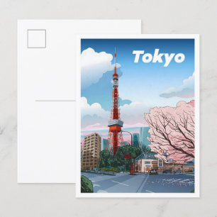 Tokio-Turm Japan Vintage-Illustration Reise Postkarte
