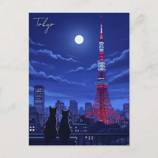 Tokioter Katzen in der Nacht Postkarte (Vorderseite)