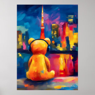 Tokioter Teddy Neon-Skyline Nachtreflexion Poster