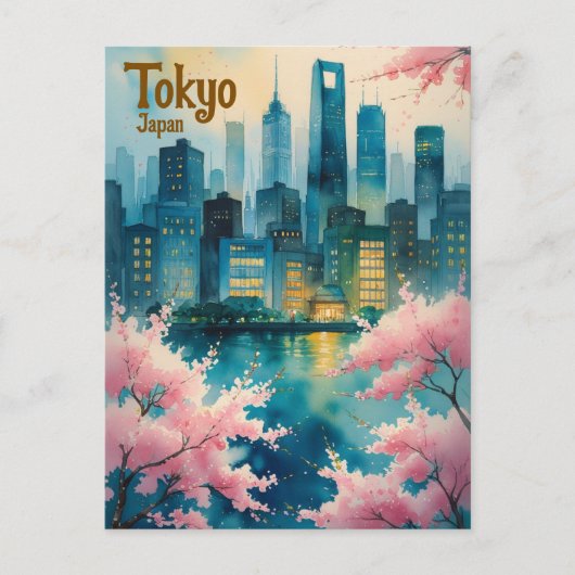 Tokyo Cherry Blossoms Postkarte - Sakura mit Stadt (Vorderseite)