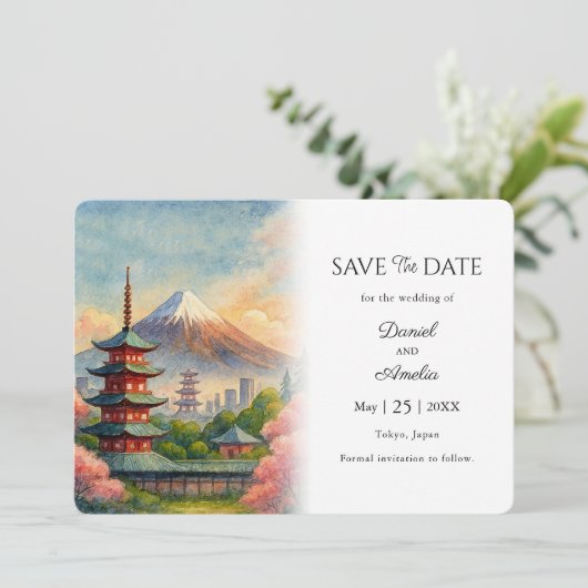 Tokyo Hochzeit in Urlaubsort Save the Date Karte (Stehend Vorderseite)