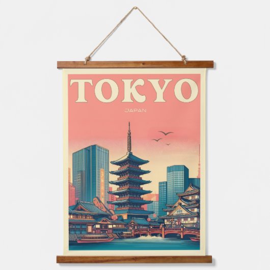 Tokyo Japan Reise RETRO Großartiges Kartengeschenk Wandteppich Mit Holzrahmen (Vorderseite)
