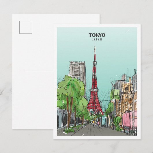 Tokyo Japan Sketch Art Vintage Reise Postkarte (Vorne/Hinten)