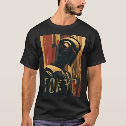 Tokyo Retro Art Deco Poster with Futuristic Robot T-Shirt (Vorderseite)