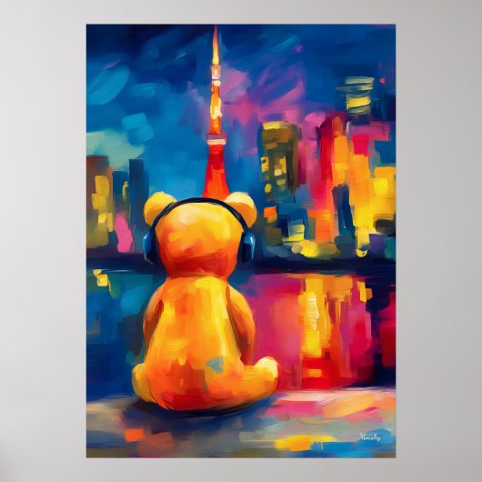 Tokyo Teddy Neon Skyline Night Reflection Poster (Vorne)
