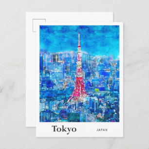 Tokyo Tower Japan Reisen Wasserfarbenhandzeichnung Postkarte