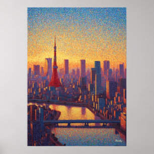 Tokyo Tower Pointillismus-Silhouette Sonnenunterga Poster
