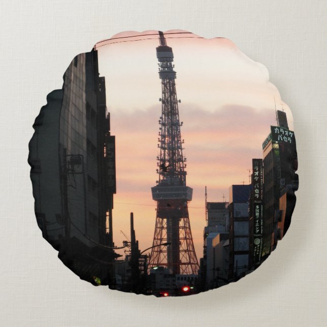 Tokyo Tower Sunrise 東 タ ワ 日 出 京 Rundes Kissen (Vorderseite)