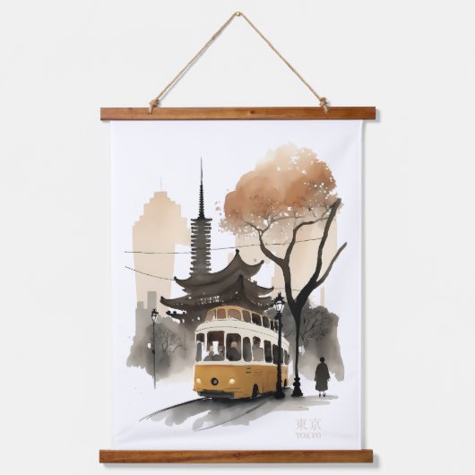 Tokyo Watercolor print Wandteppich Mit Holzrahmen (Vorderseite)