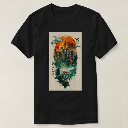 Tokyos Skyline Japan Tokyo Samurai Koi Fish T-Shirt (Design vorne)