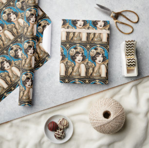 Tolle Gatsby-Flapperin Blau Gold Schwarz 1920er Ja Geschenkpapier
