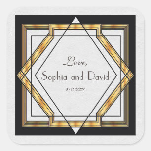Tolle Gatsby Gold Weiße Art Deco Hochzeit Quadratischer Aufkleber
