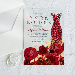 Tolle rote Kleid Rosen Goldblatt 60. Geburtstag Acryleinladungen