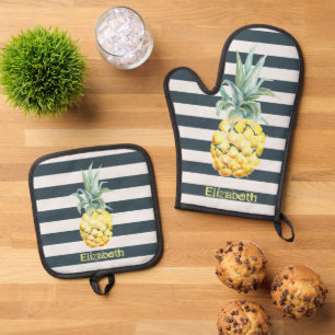 Tolle tropische Goldene Ananas Navy Blau Streifen Ofenhandschuh & Topflappen-Set