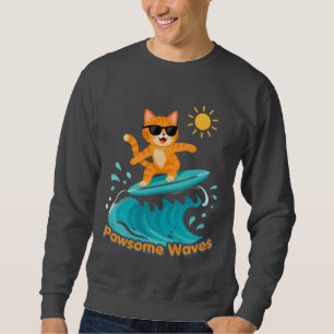Tolle Wellen Surfing Orange Katze Cozy Crewneck Sweatshirt