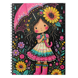Tolles Mädchen mit Regenschirm Florale Nachtkunst Notizblock
