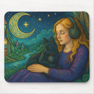 Tolles Mädchen mit schwarzer Katze unter dem Halbm Mousepad