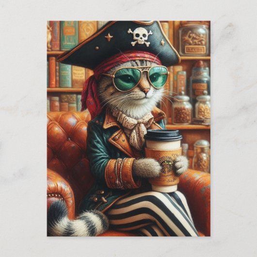 Tolles Piratenkat mit Kaffee Postkarte (Vorderseite)