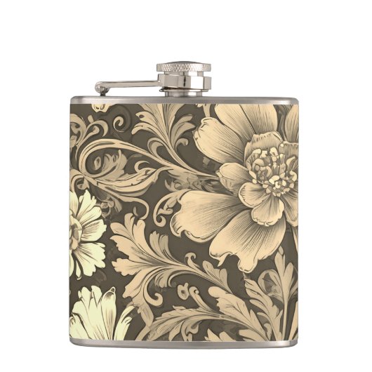 Tolles Vintage-Sepia-Blumenmuster Flachmann (Vorderseite)