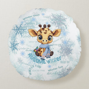Tolles Winter-Giraffenmotiv – Süße Schneegestaltun Rundes Kissen