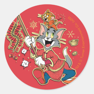 Tom & Jerry Lighting Firecrackers Runder Aufkleber