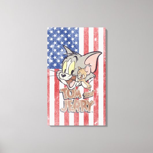 Tom & Jerry mit US-Flagge Leinwanddruck (Vorderseite)
