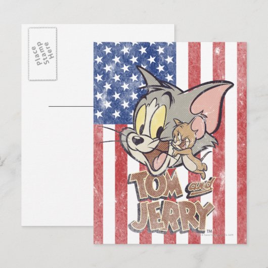 Tom & Jerry mit US-Flagge Postkarte (Vorne/Hinten)