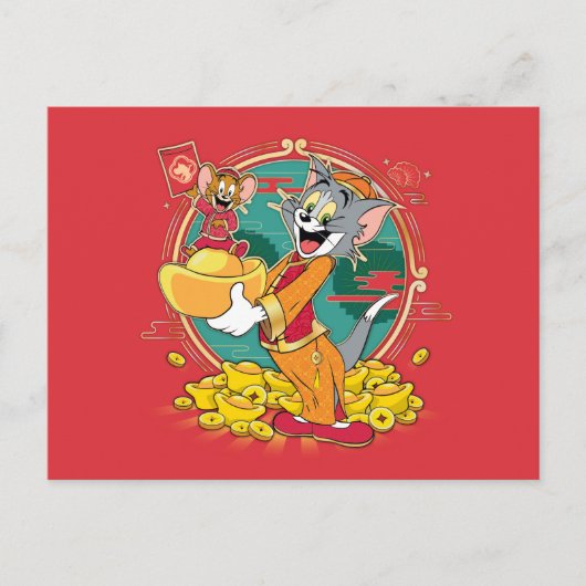 Tom & Jerry New Years Red Envelope Feiertagspostkarte (Vorderseite)