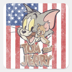 Tom & Jerry With US Flag Quadratischer Aufkleber