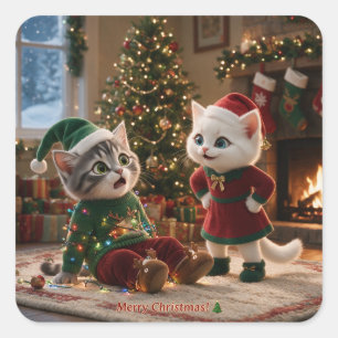 Tom & Luna Frohe Weihnachten Lustige Katzenaufkleb Quadratischer Aufkleber