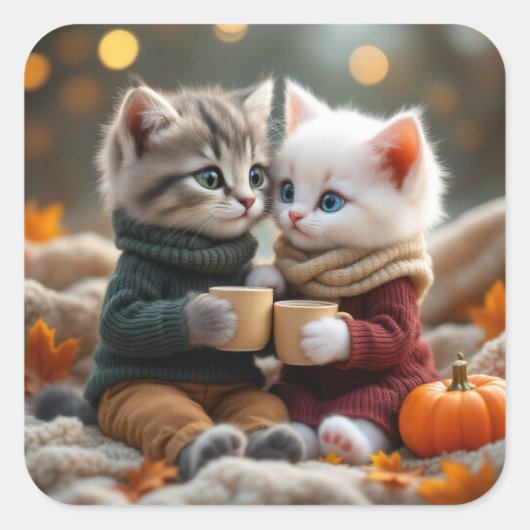 Tom & Luna - Gemütlicher Pumpkin Hug Quadratischer Aufkleber (Vorderseite)