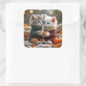 Tom & Luna - Gemütlicher Pumpkin Hug Quadratischer Aufkleber (Tasche)