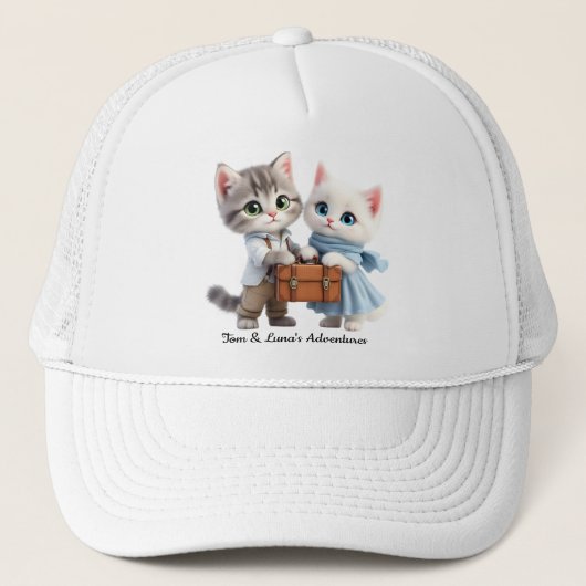 Tom & Luna Travel Hat – Cute Cat Adventure Cap Truckerkappe (Vorderseite)