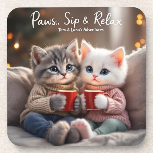 Tom & Lunas Abenteuer™ – „Paws, Sip & Relax“ Unter Getränkeuntersetzer (Vorderseite)