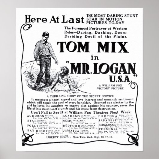 Tom Mix 1918 Vintager Film und Plakat (Vorne)